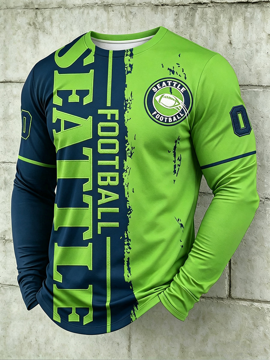 Men's Seattle Football Printed Long Sleeved Round Neck T-shirt