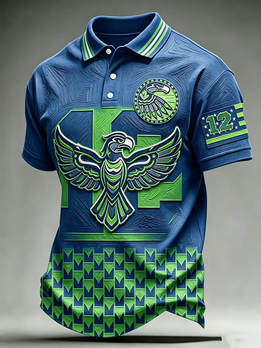 Men's Seattle Football Print Polo Collar Casual Short Sleeved Shirt