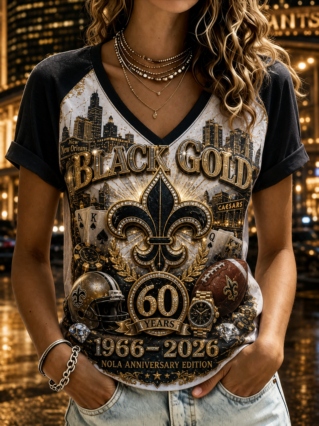 Women's New Orleans Saints V-Neck Off-Shoulder Short-Sleeved T-Shirt