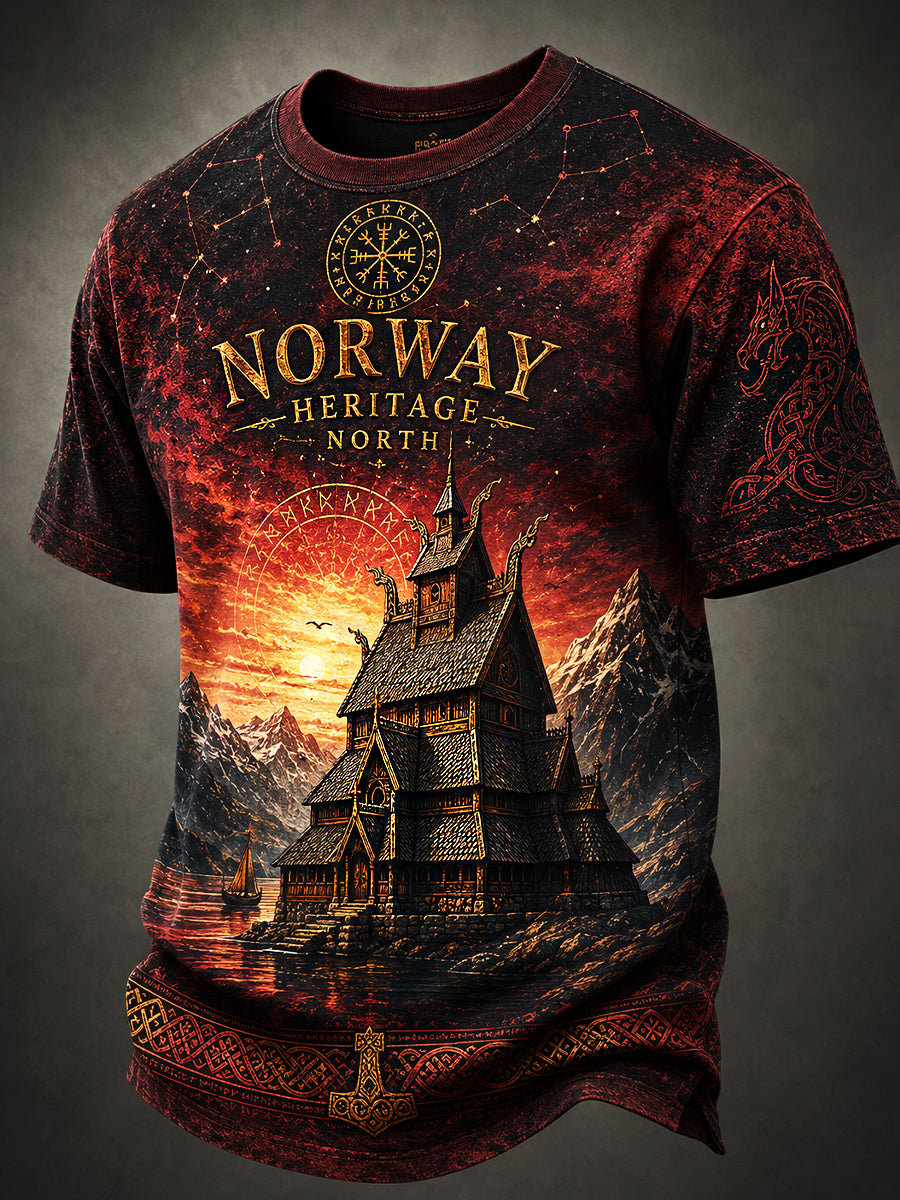 Casual T-Shirt With Vintage Norwegian Viking Scandinavian Folk Art Print