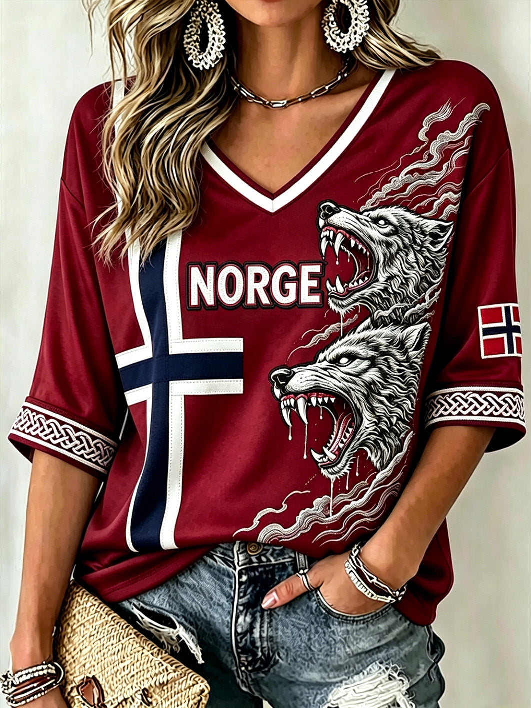 Women's Retro Norwegian Viking Animal Pattern Printed Mid-length Sleeves V-Neck T-Shirt