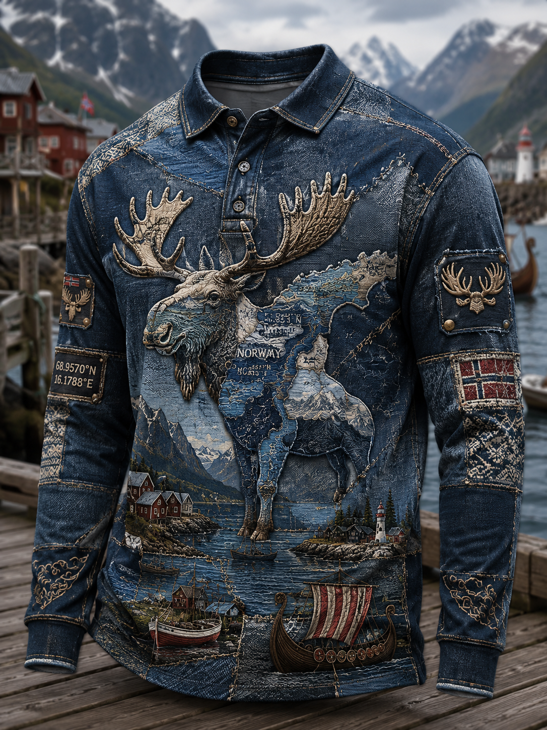 Men's Norwegian Animal Map Printed Long-Sleeved Polo