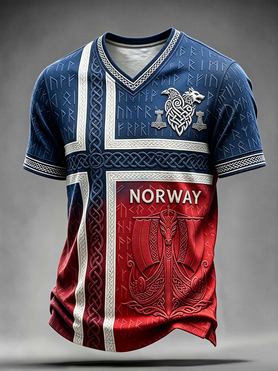 Men's Vintage Viking Inspired Celtic Norway Flag Print V-neck T-shirt