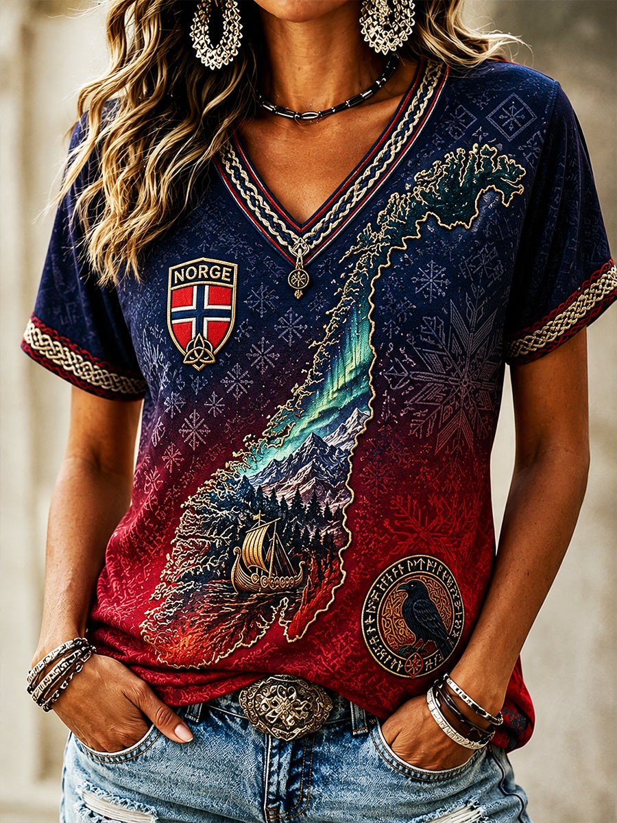 Retro Norwegian Viking Scandinavian Folk Art Print Casual Top