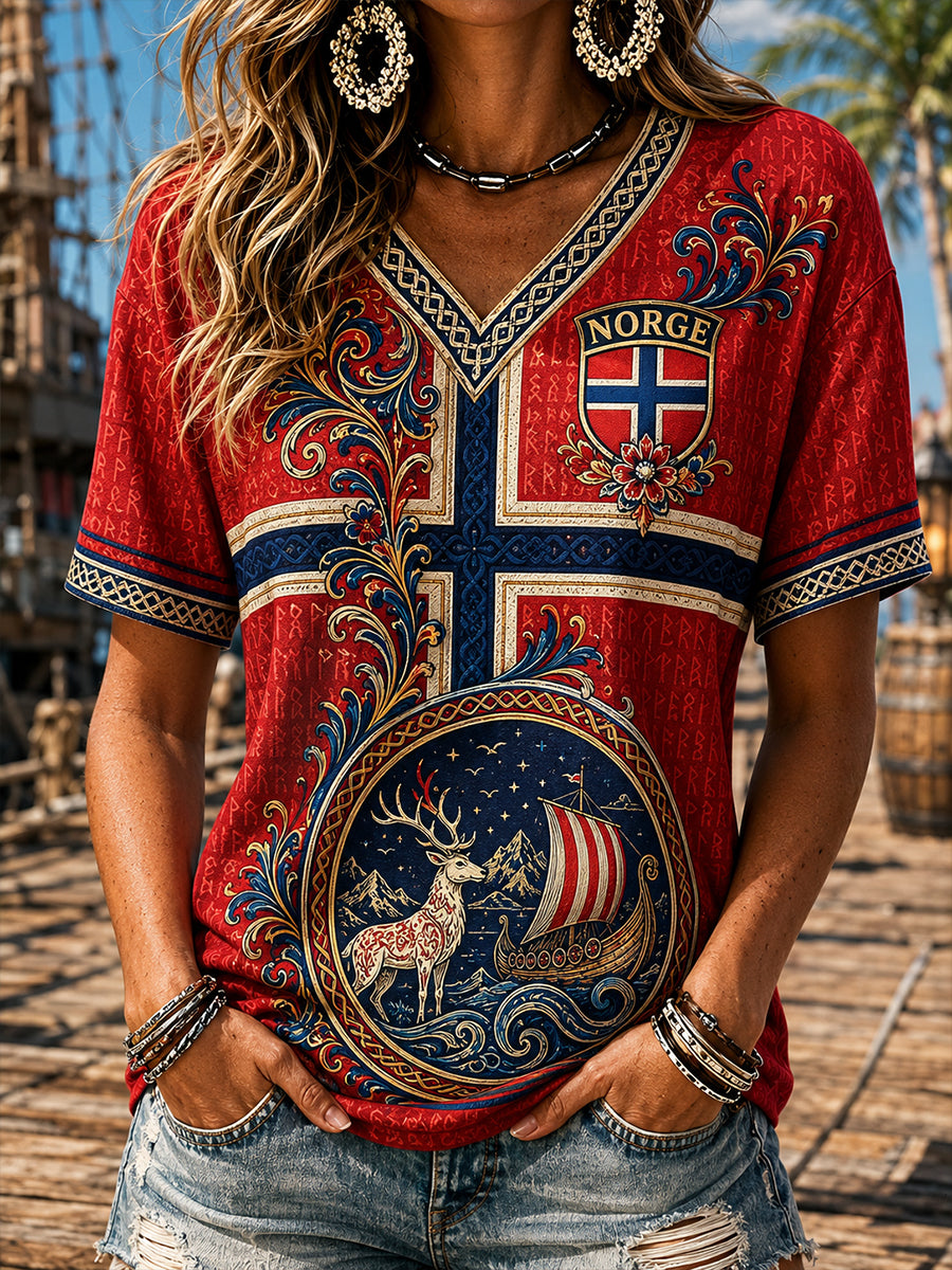 Retro Norwegian Viking Scandinavian Folk Art Print Casual Top