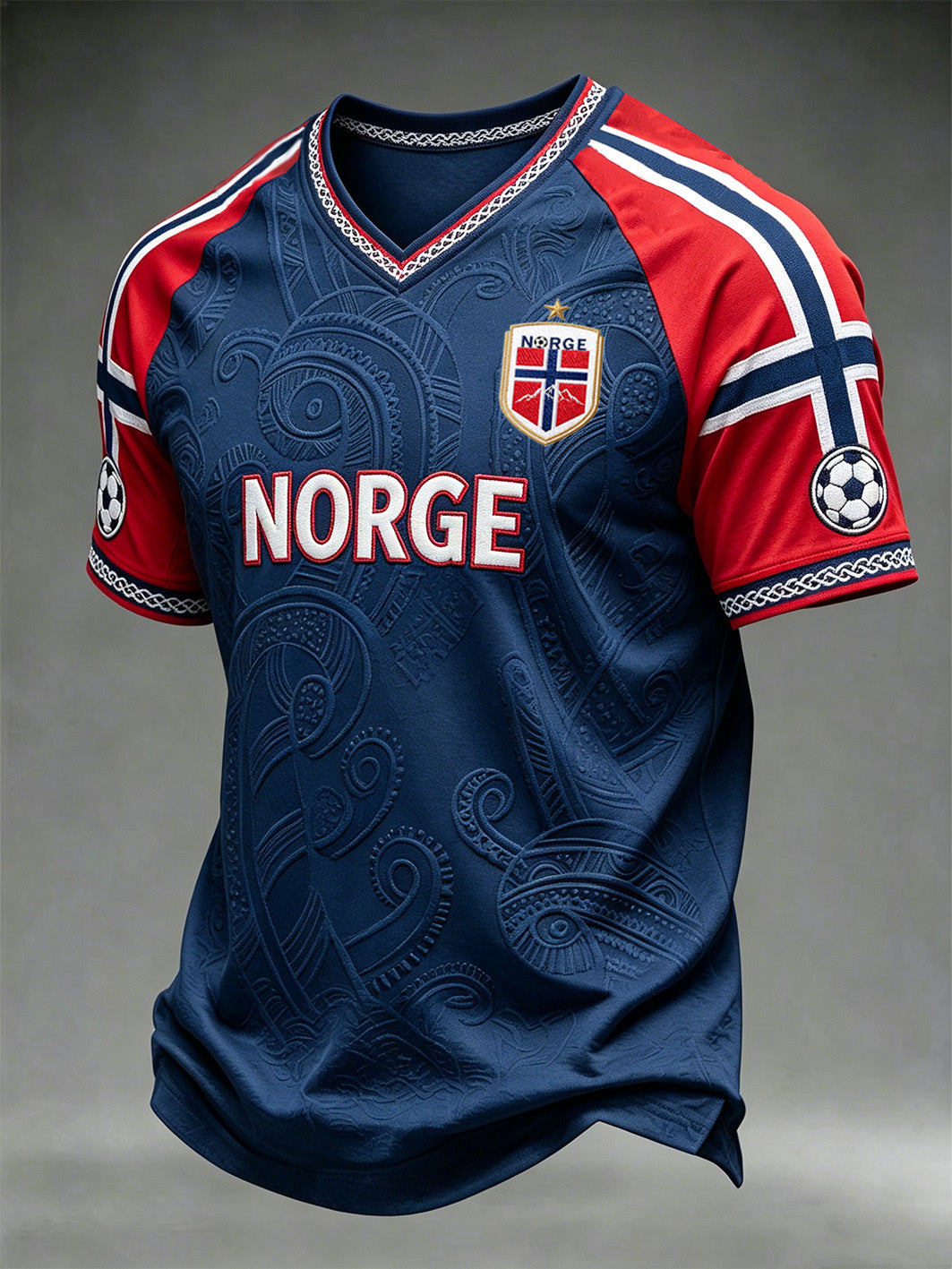 Men's NORGE Viking Pattern Football Fan Art Print V-neck T-shirt