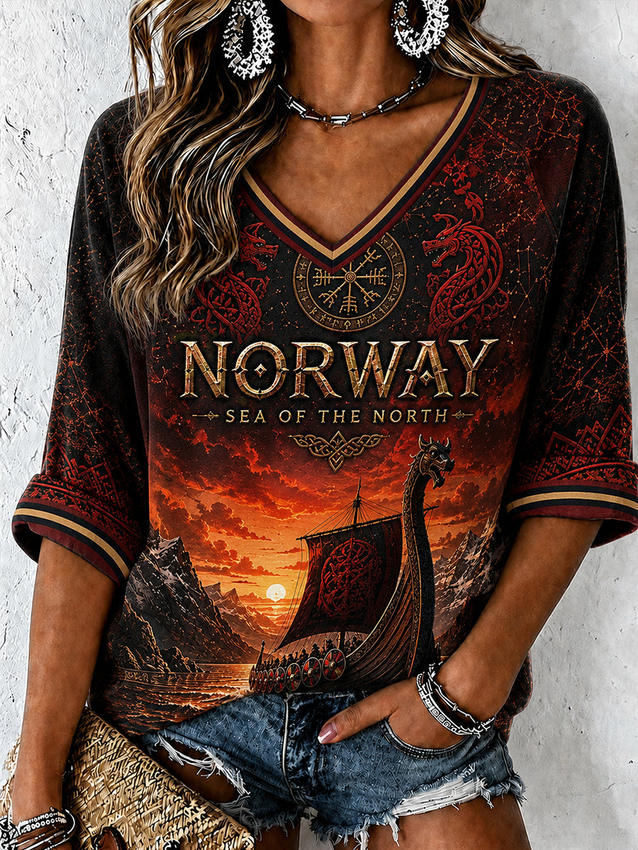Retro Norwegian Viking Scandinavian Folk Art Print Casual Top