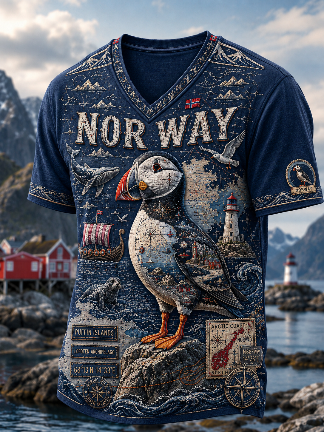 Men's Norwegian Animal Map V-Neck T-Shirt