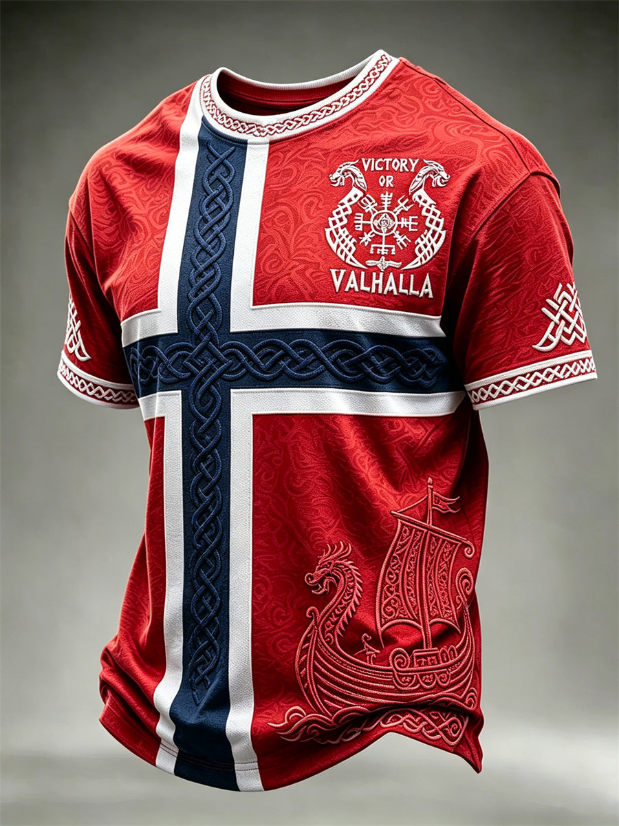 Men's Norway Victory or Valhalla Viking Ship Celtic Knot Flag Print short sleeves t-shirt