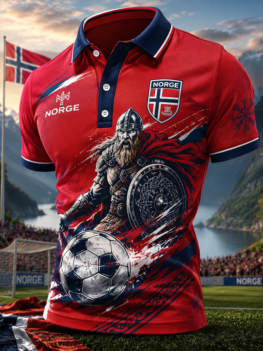 Men's Short-Sleeve Polo Shirt With Viking Warrior And Soccer-Themed Print