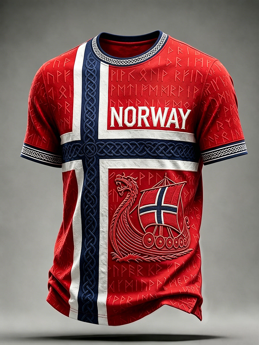Men's Viking Runes & Longship Art Celtic Norway Flag Print Short Sleeves T-shirt