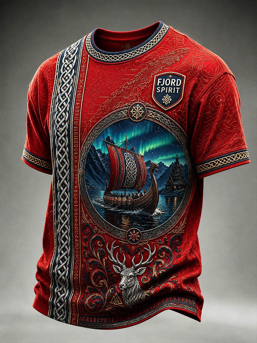 Casual T-Shirt With Vintage Norwegian Viking Scandinavian Folk Art Print