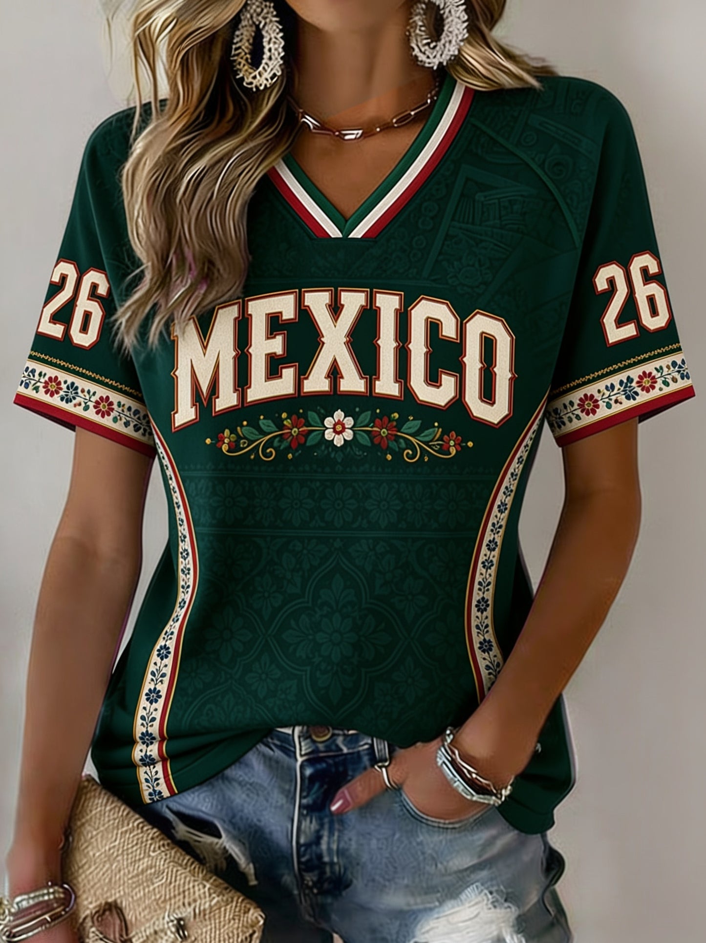 Women’s Mexican Football Printed Casual Short-Sleeve T-Shirt