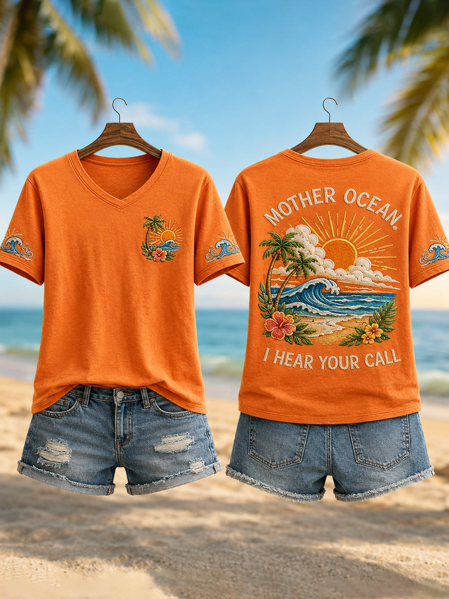 Women's Mother Ocean I Have Heard You Call Print Casual V-Neck Tee