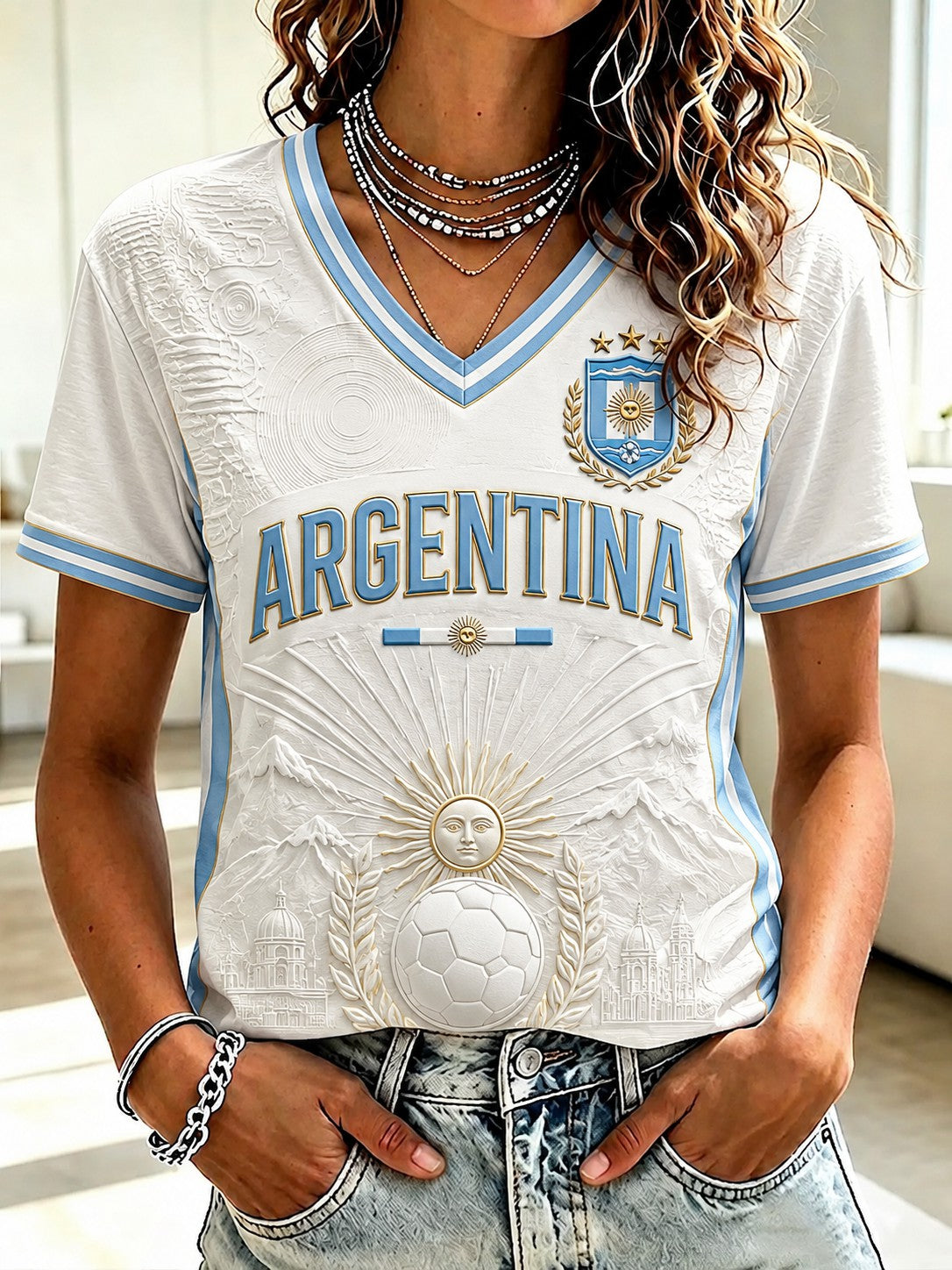 Women's Argentina Football Printed V-neck T-shirt