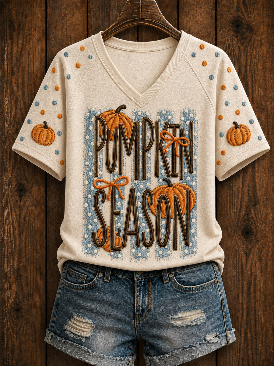 Women's Fall Pumpkin Season V-neck Off-shoulder Short Sleeve T-shirt