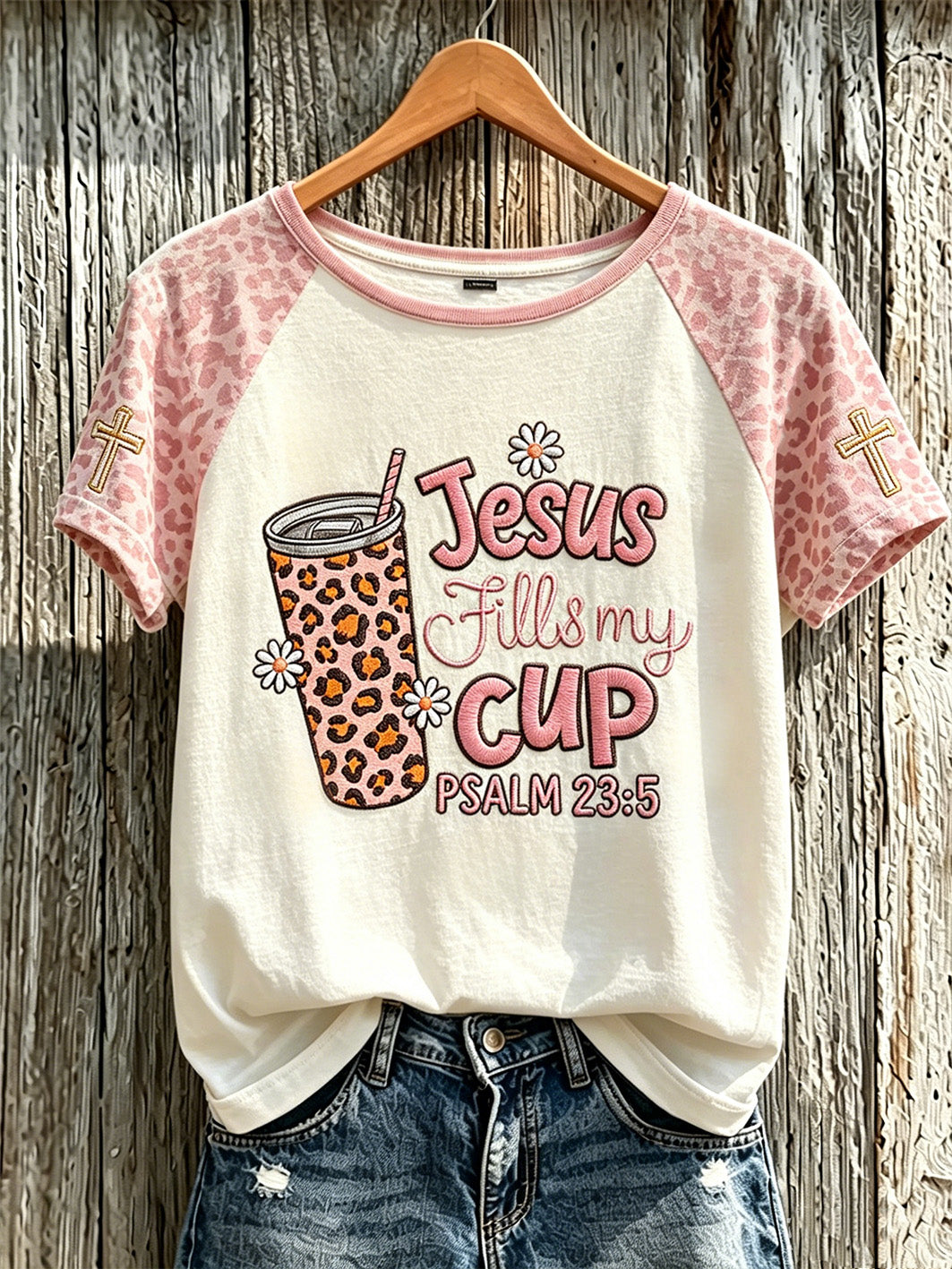 Women's Faith Slogan Leopard Print Pattern Printed Leisure Round Neck T-shirt