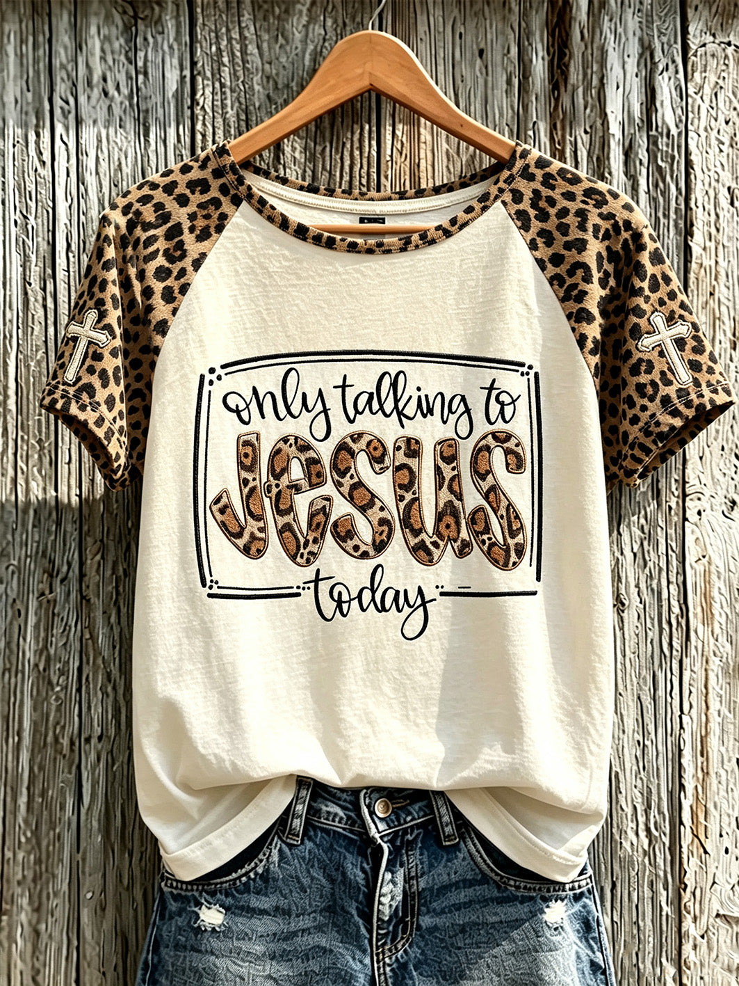 Women's Faith Slogan Leopard Print Pattern Printed Leisure Round Neck T-shirt