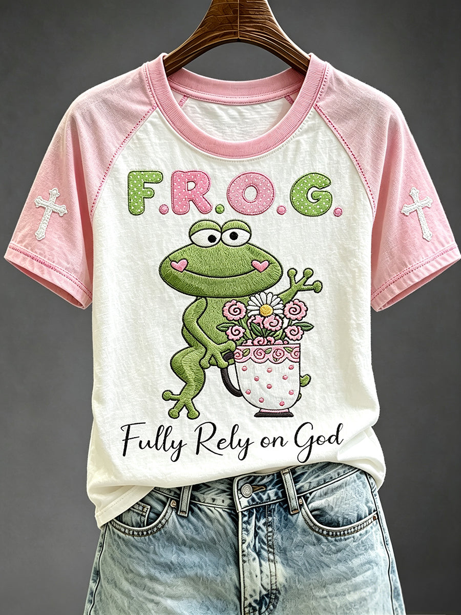 Women's Fully Rely On God Frog with Coffee Cup with Flowers Print Short Sleeve T-shirt