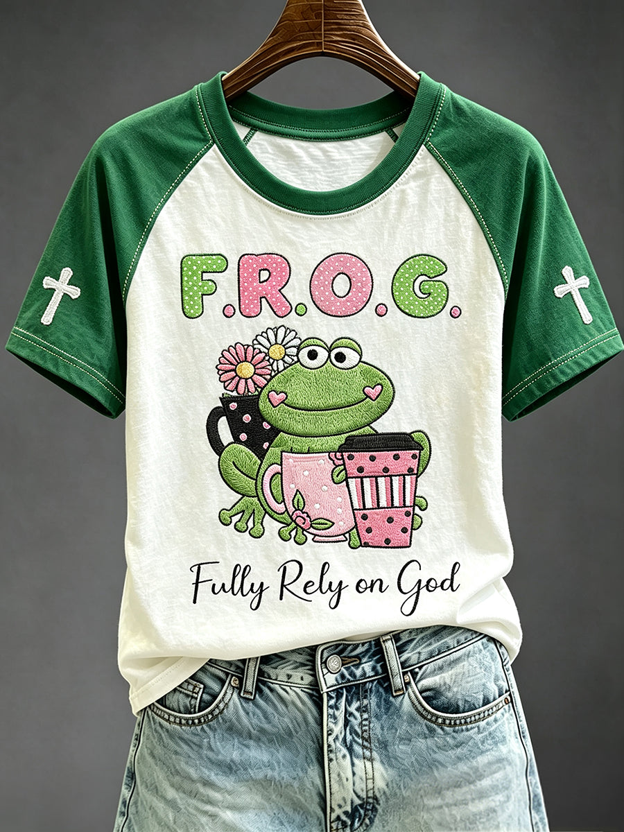 Women's Fully Rely On God Frog with Coffee Cup with Flowers Print Short Sleeve T-shirt