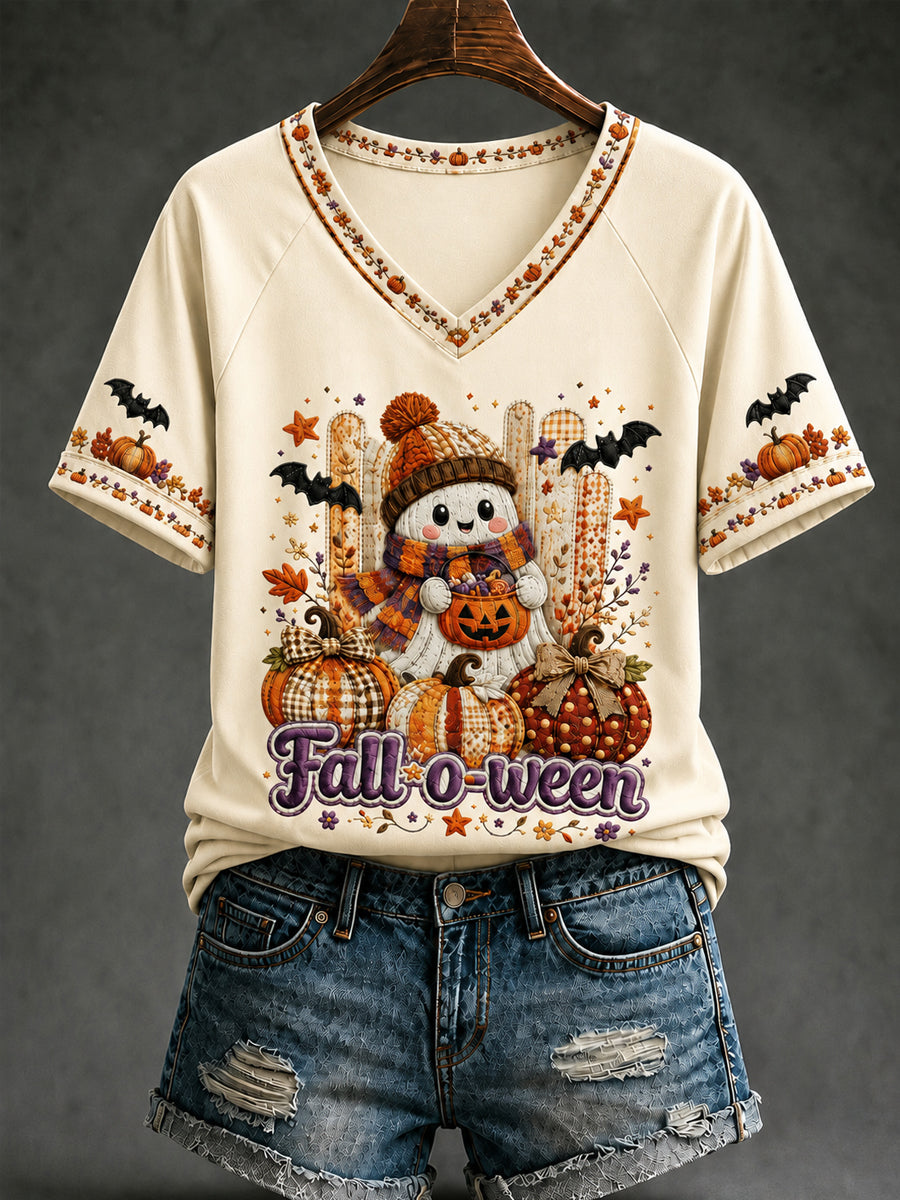 Women's Cozy Autumn Halloween Fall O Ween Ghost V-neck Short Sleeve T-shirt