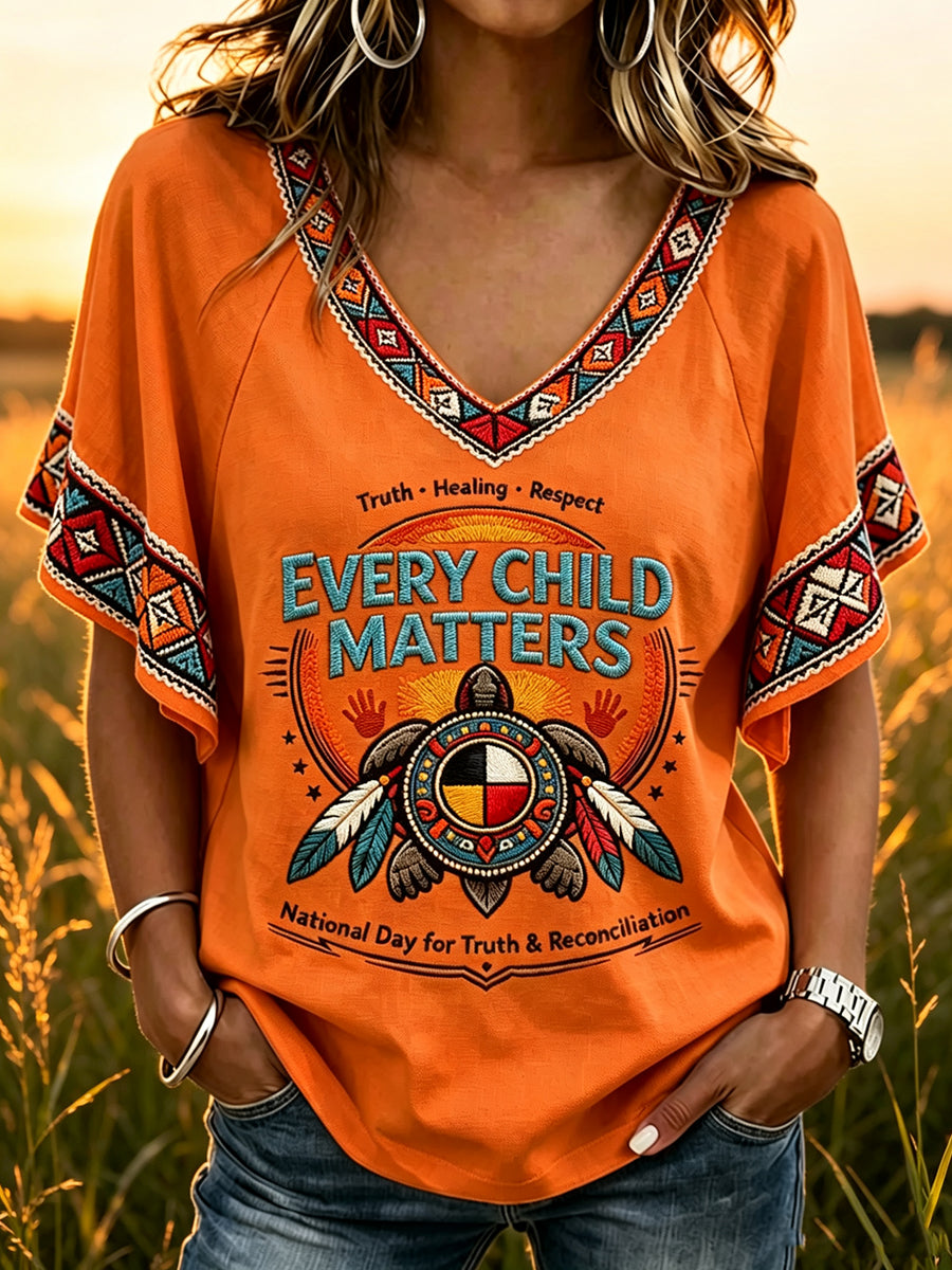 Women's Every Child Matter V-neck Cotton Linen T-shirt