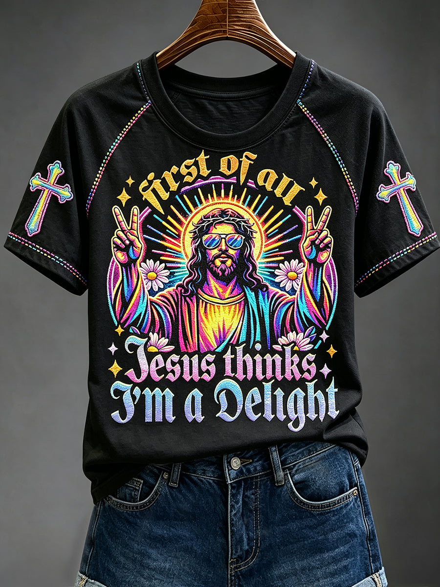 Women's Retro First of All Jesus Thinks I'm A Delight Funny Colorful Graffiti Print Short Sleeve T-shirt