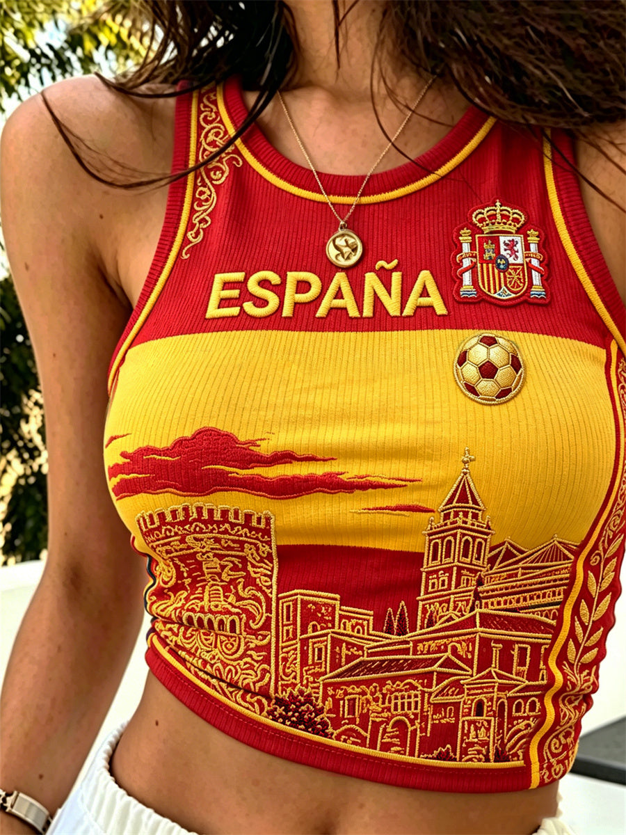 Women's Spain Football La Alhambra Sunrise Flag Colorblock Print Crop Tank Top