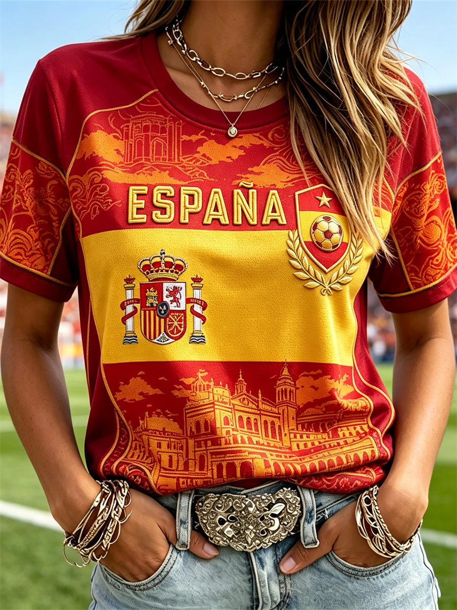 Women's Spain Football & Castle Flag Colorblock Print short-sleeved T-shirt