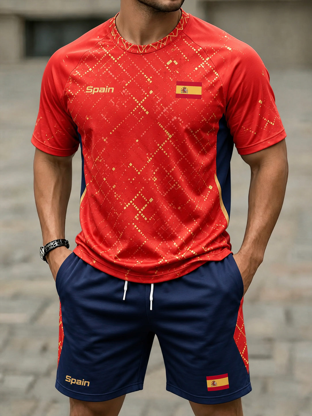 Men's Spanish Football Match Support Fan Art Print T-Shirt Set