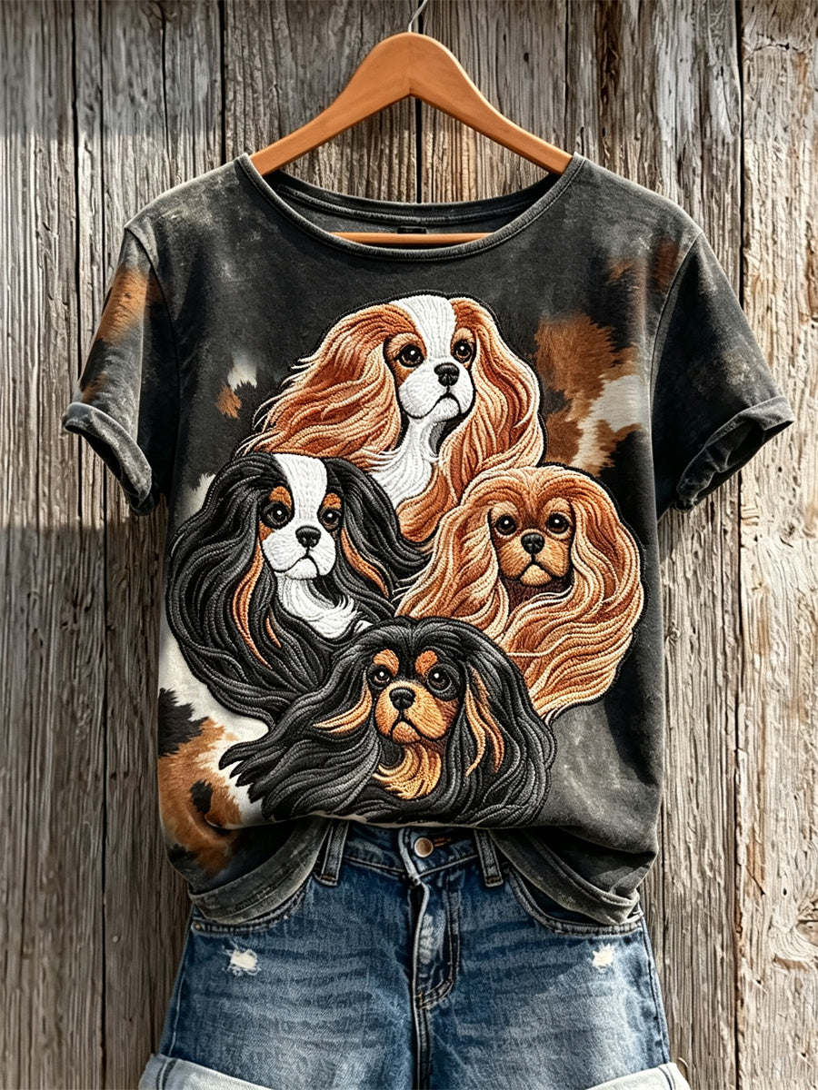 Women's King Charles Spaniel Dogs & Dog Coat Pattern Print short-sleeved T-shirt