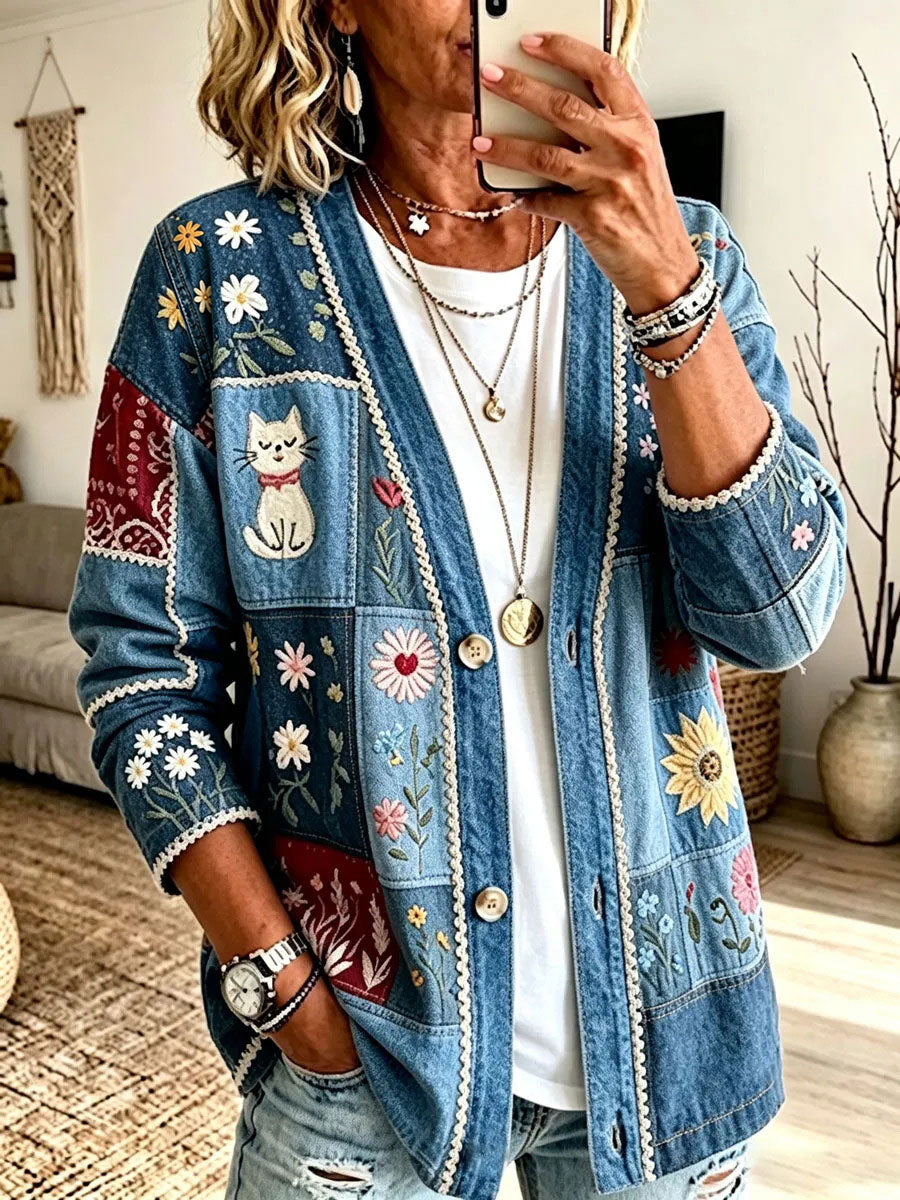 Women's Cat Art Print Casual Cardigan