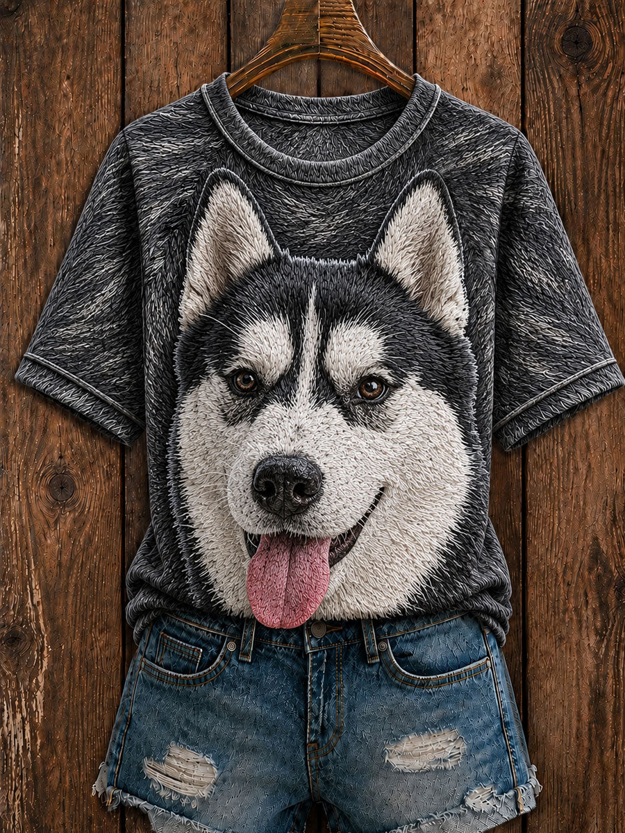 Women's Cute Husky Art Round Neck Short Sleeve T-shirt