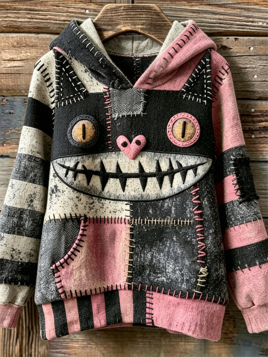Women's Lovely Witch Black Cat Monster Colorblock Patchwork Print Hoodie