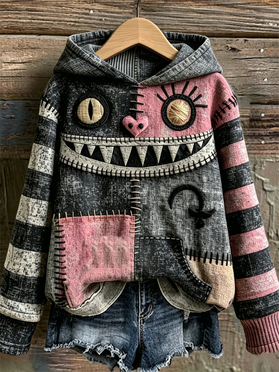 Women's Lovely Witch Black Cat Monster Colorblock Patchwork Print Hoodie