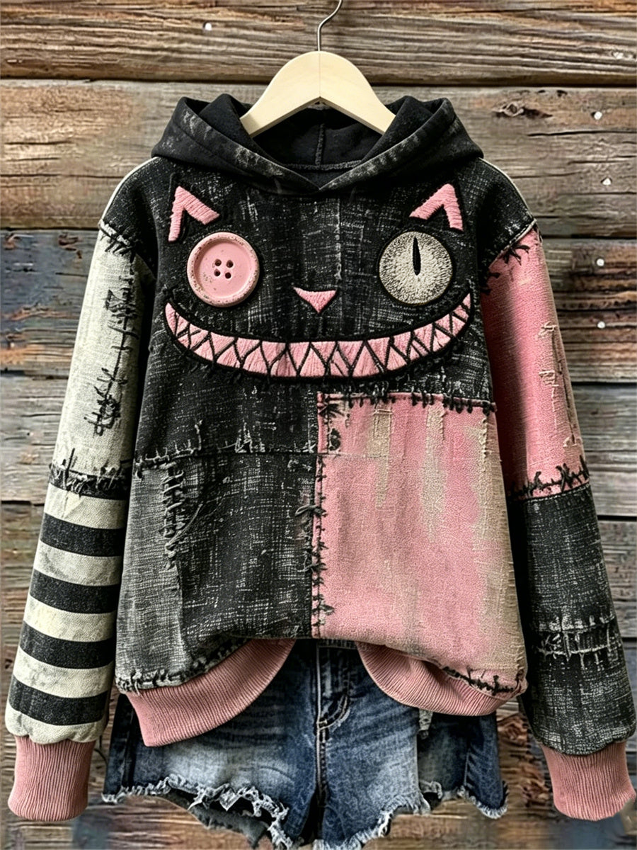 Women's Lovely Witch Black Cat Monster Colorblock Patchwork Print Hoodie