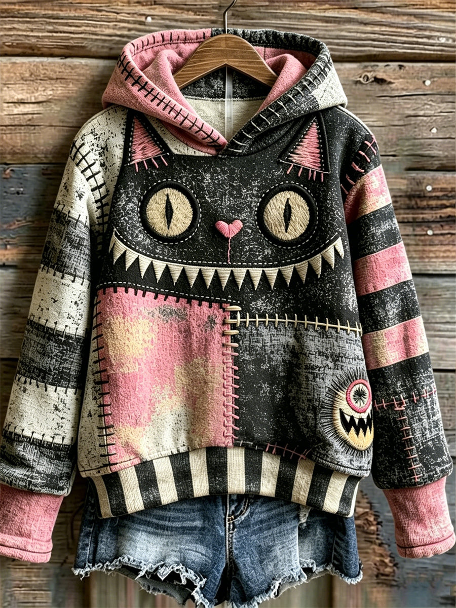 Women's Lovely Witch Black Cat Monster Colorblock Patchwork Print Hoodie