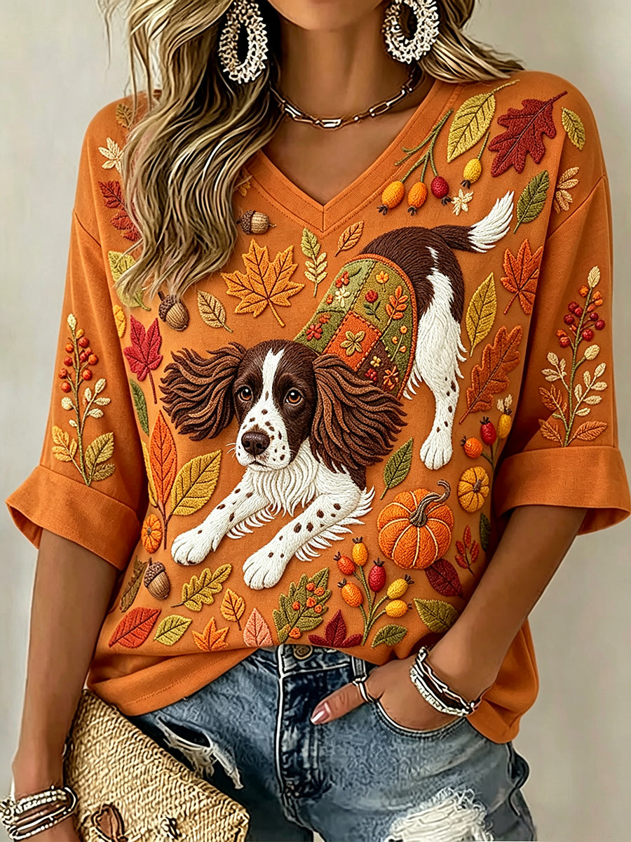 Women's Cute Springer Spaniel Fall Art Print Mid-length Sleeves V-Neck T-Shirt