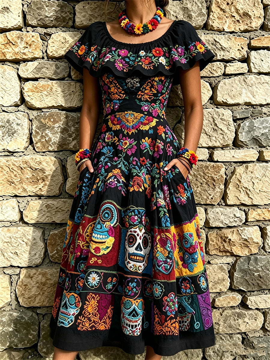 Women's Day of the Dead Sugar Skulls Mexican Floral Print Ruffle Maxi Dress