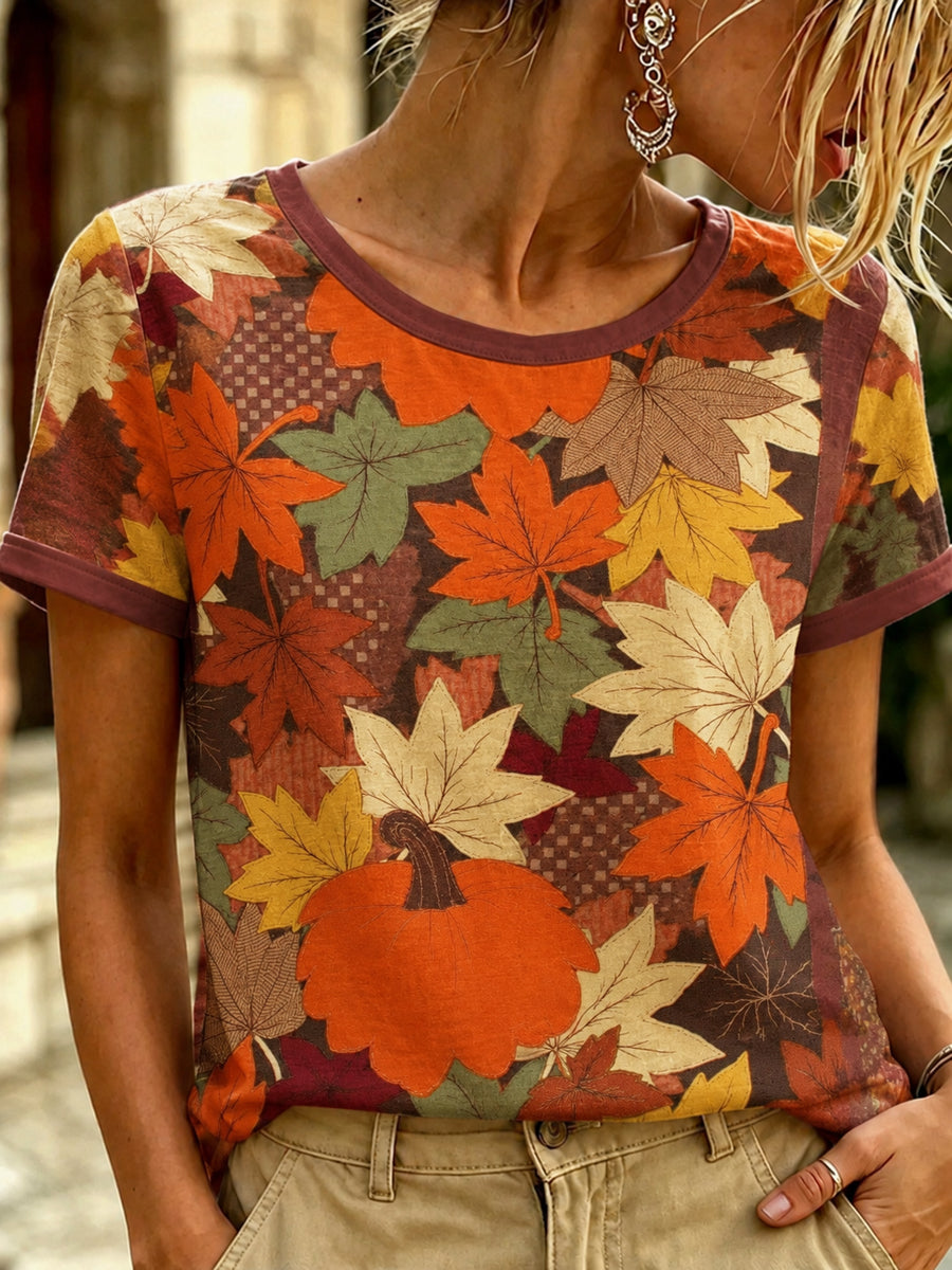Women's Autumn Fallen Leaves Printed T-shirt