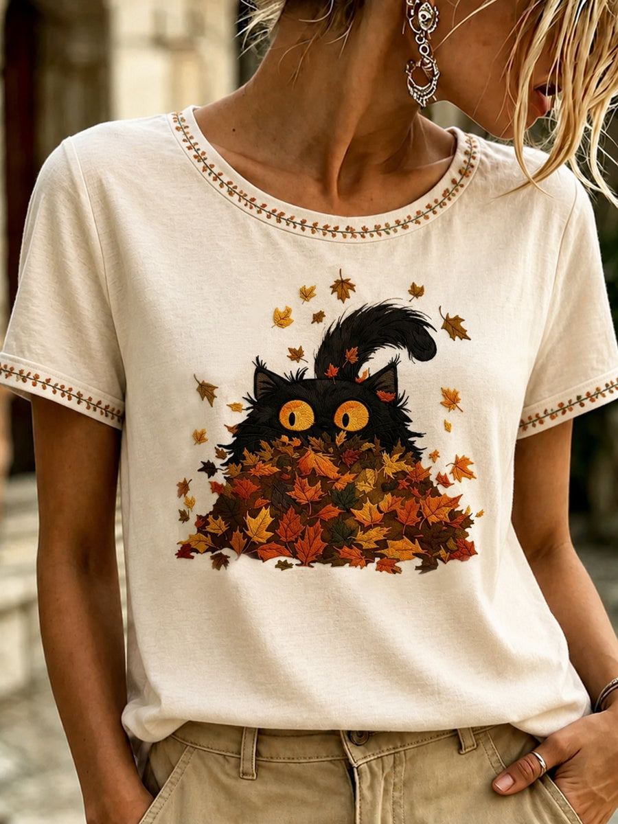 Women's Autumn Fallen Leaves Printed T-shirt