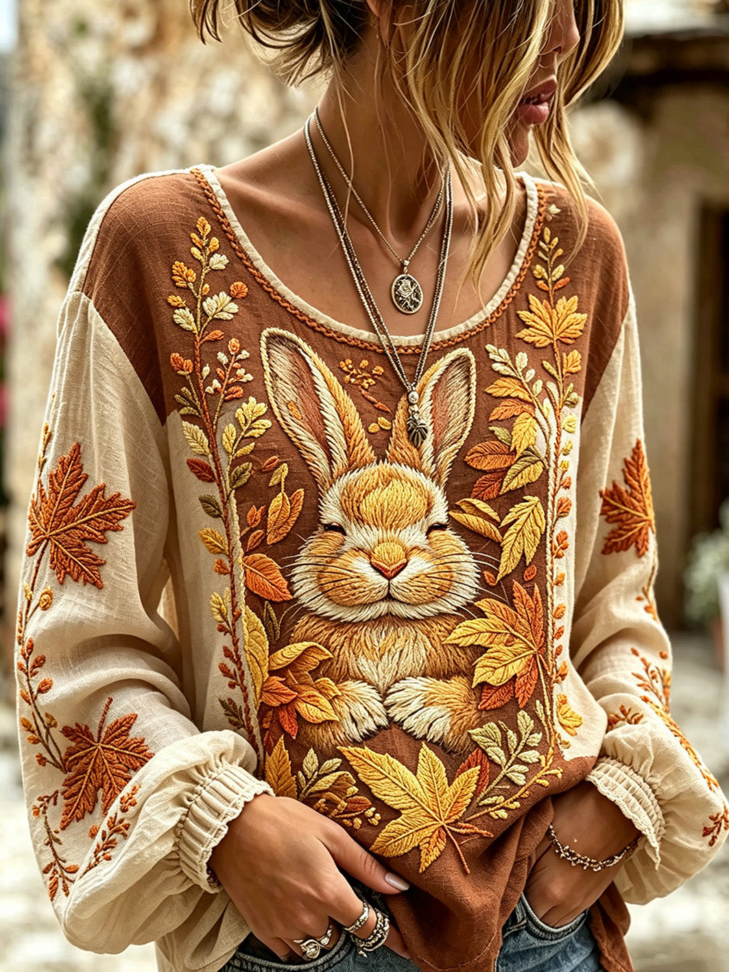 Women's autumn theme animal pattern printed casual cotton and linen short-sleeve shirt