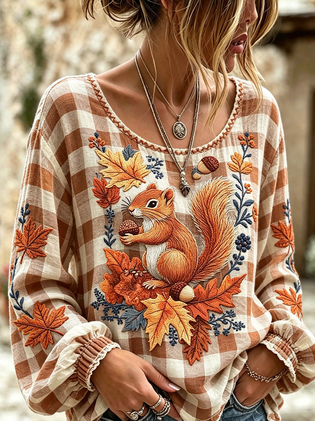 Women's autumn theme animal pattern printed casual cotton and linen short-sleeve shirt