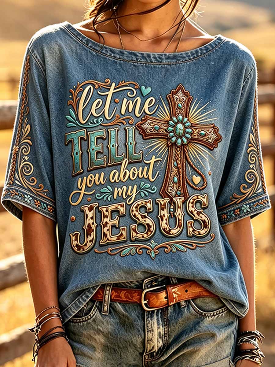 Women's Retro Western Cross Pattern Printed T-Shirt