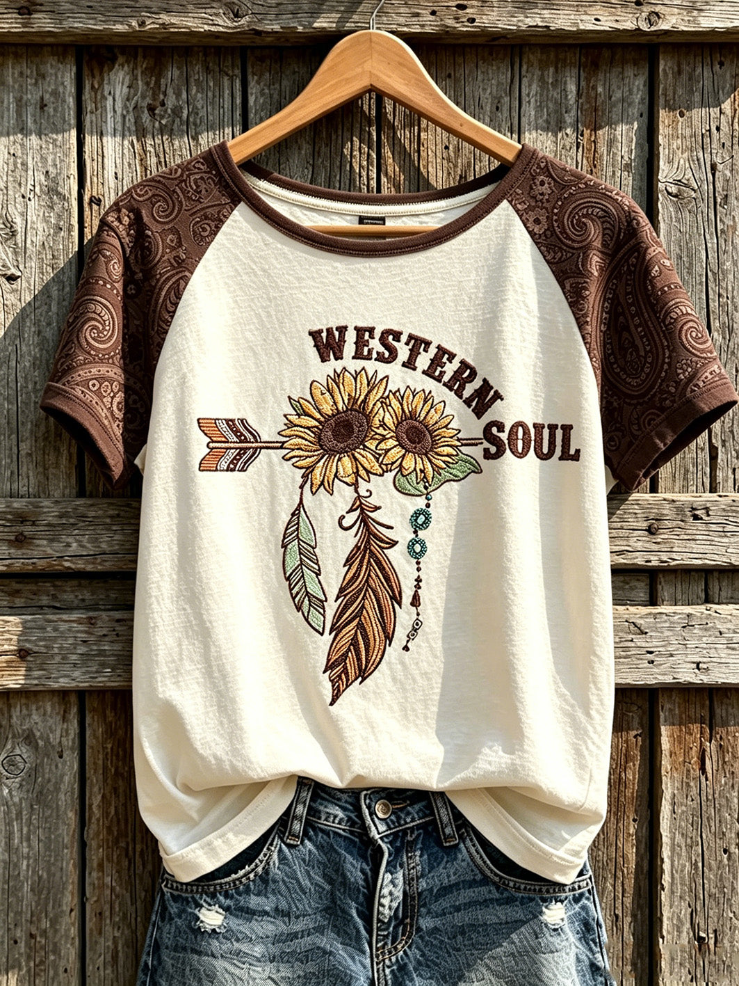 Women's Western Style Retro Pattern Printed Casual Round Neck Short Sleeve T-Shirt