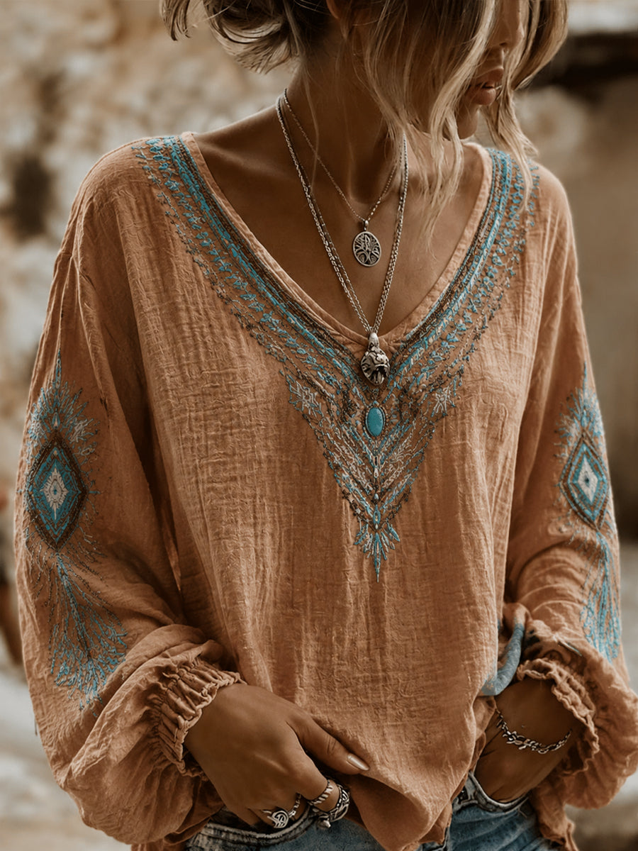 Women's Vintage Western Printed V-neck Cotton-Linen Shirt