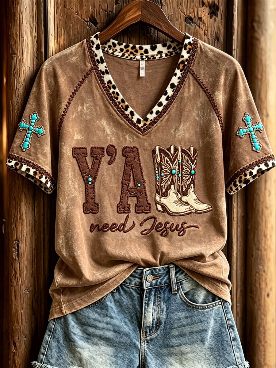 Women's Y'all Need Jesus Western Boots Turquoise Cross Leopard Print short-sleeved T-shirt