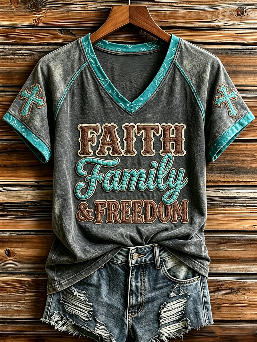 Women's Retro Western Faith Family & Freedom Cross Print V-neck Short-sleeved T-shirt