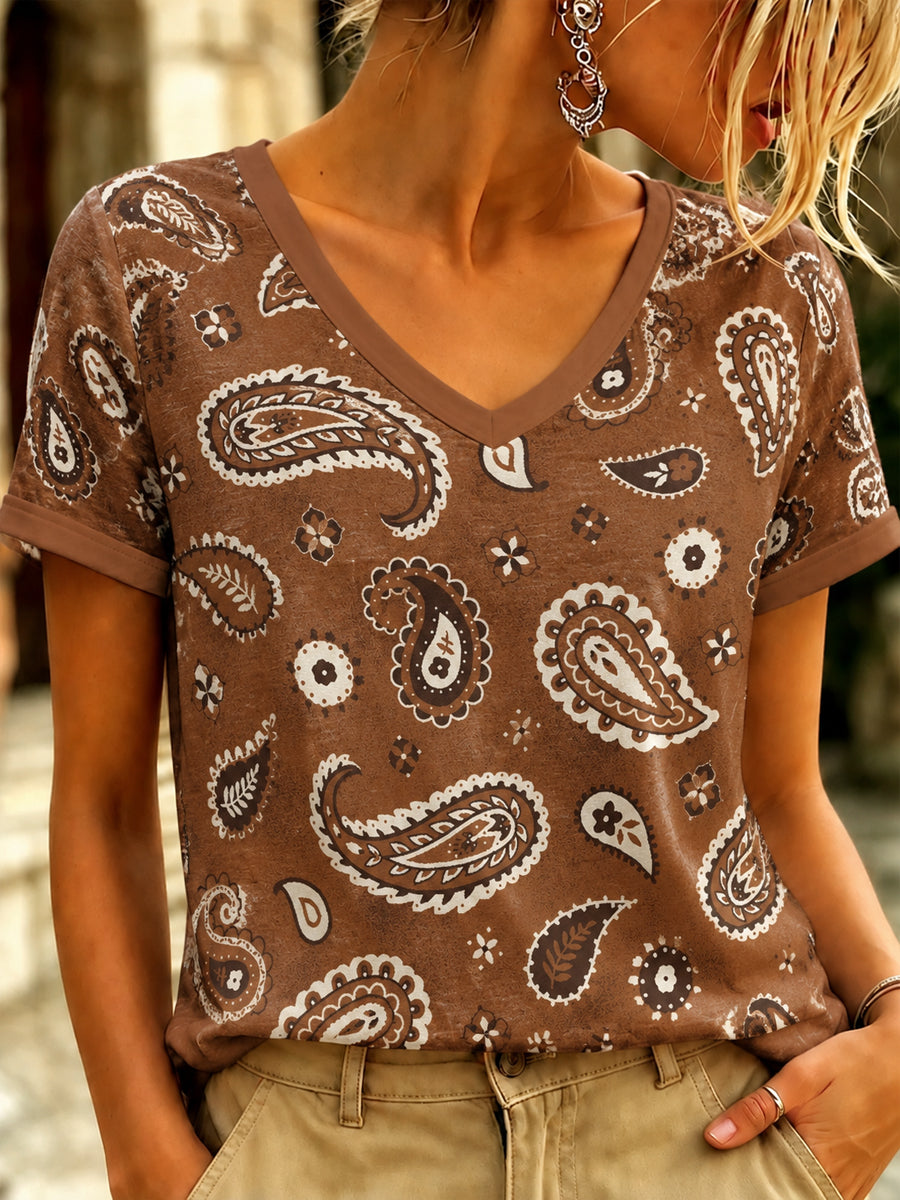 Women's Vintage Western Printed V-neck T-shirt