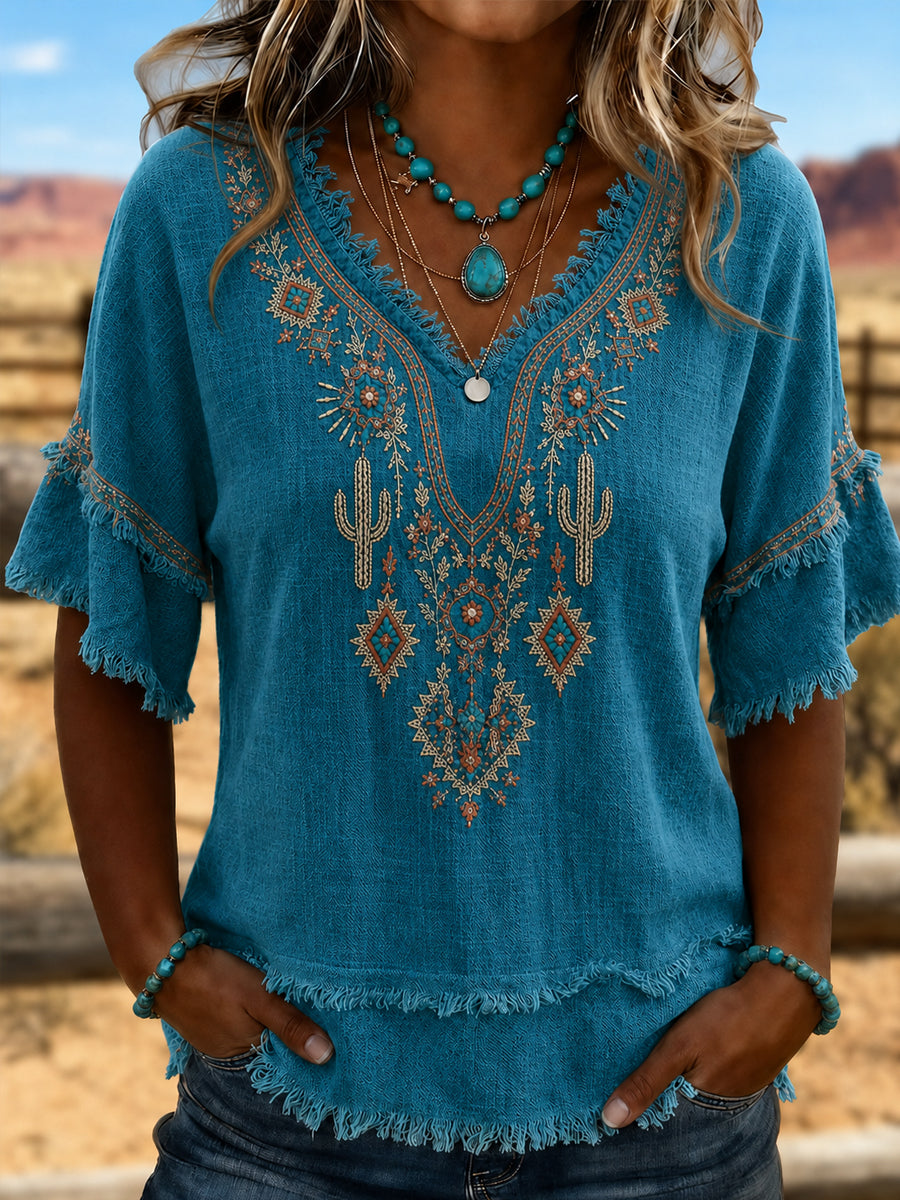 Women's Retro Western Art Cotton-Linen Shirt